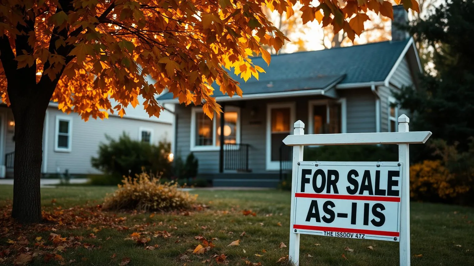 Minneapolis home with for-sale sign in autumn light
