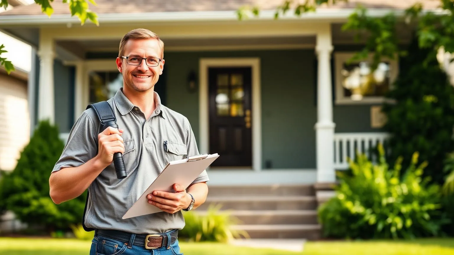 Friendly licensed home inspector with clipboard outside a Minneapolis home