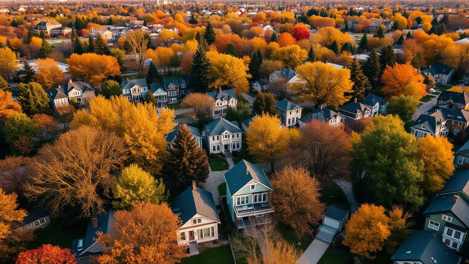 Aerial view of a Minneapolis residential neighborhood in autumn