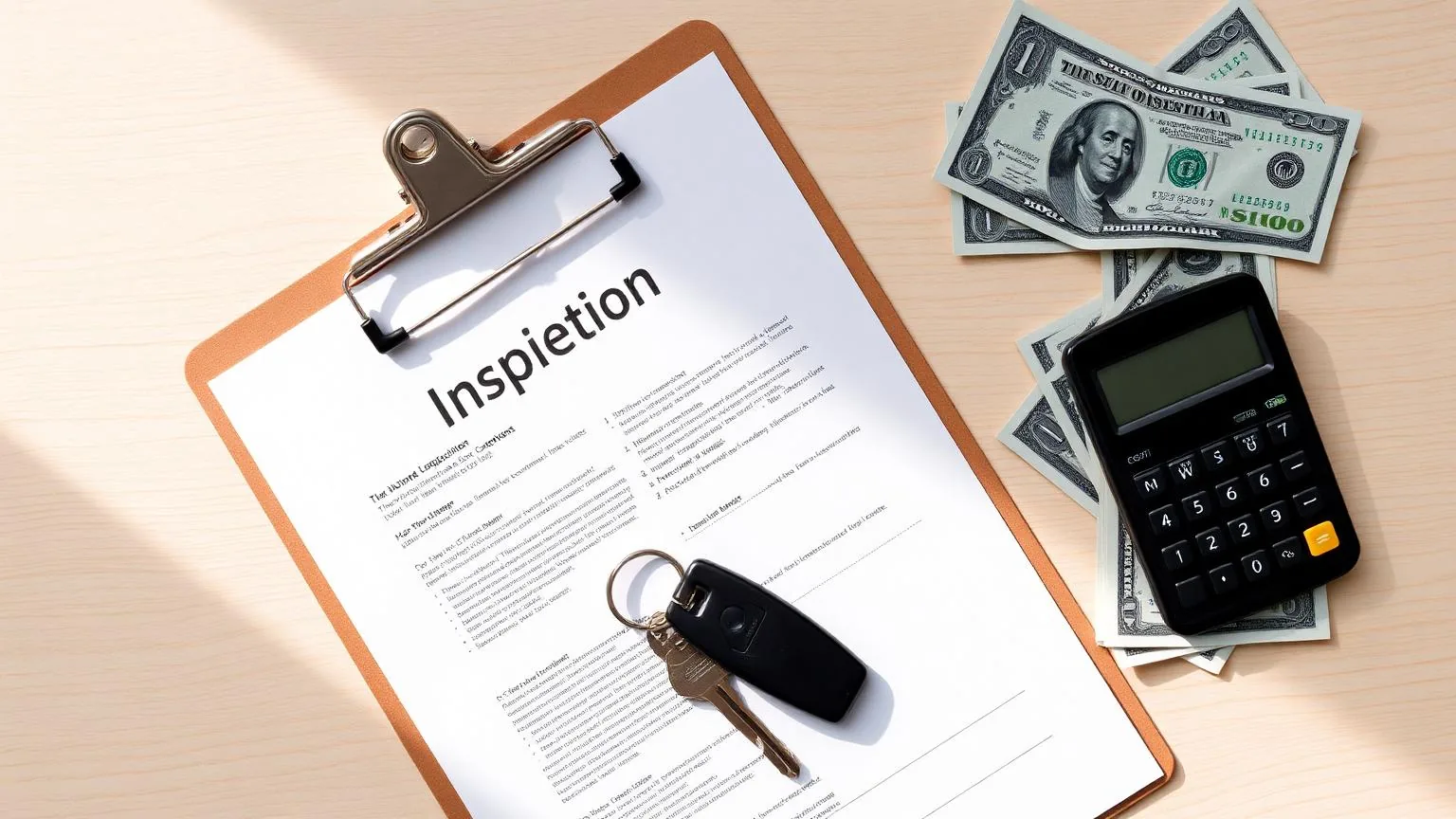 Home inspection clipboard, calculator, keys and cash on a wood desk